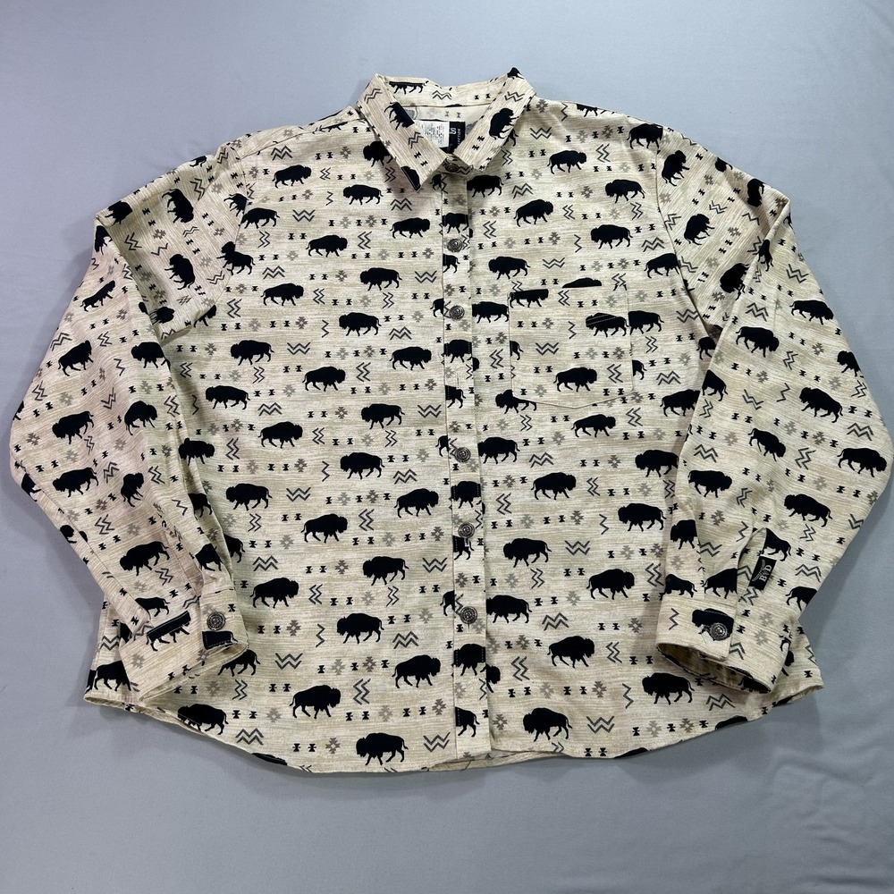 Brooks & Dunn Shirt Mens Large Beige Buffalo‎ Print Western Snap Button USA